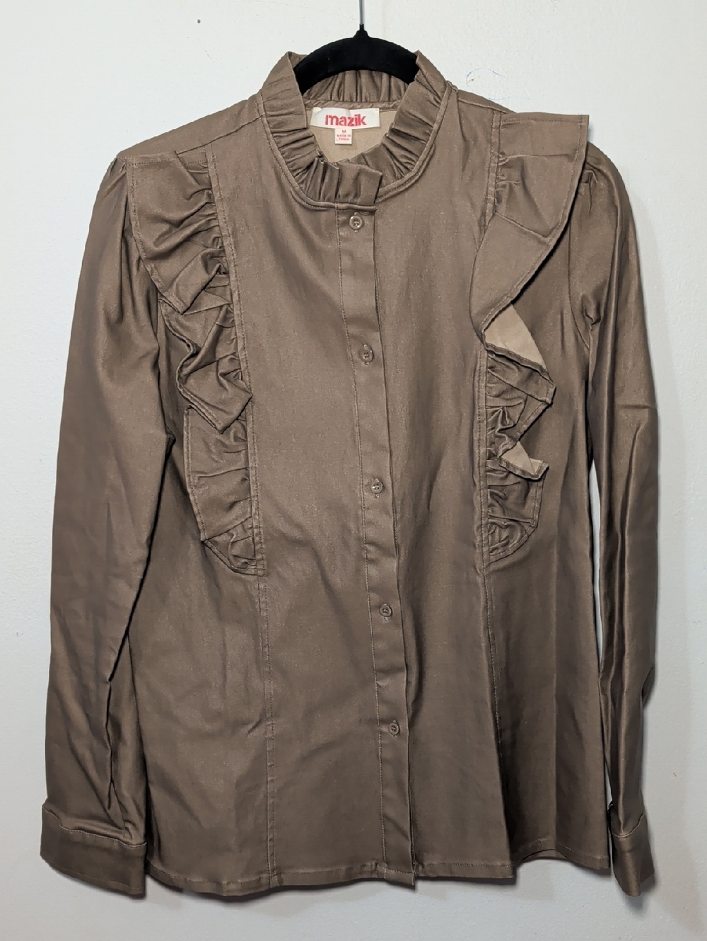 Mazik Taupe Ruffle-Front Button Jacket Shacket Wax-Coated Stretch Women's Size M